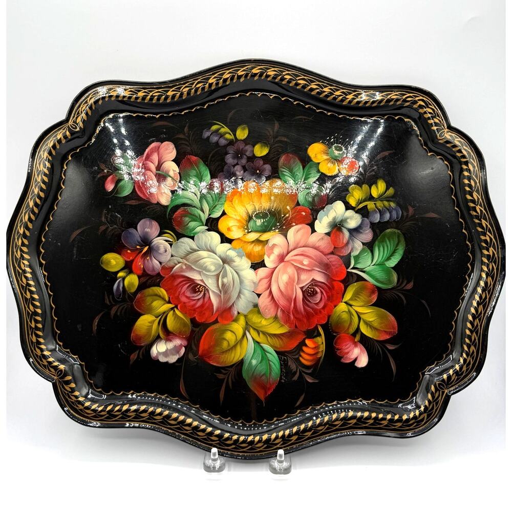 Large Vintage Russian Art Hand Painted Metal Tray W/Floral Design-Signed